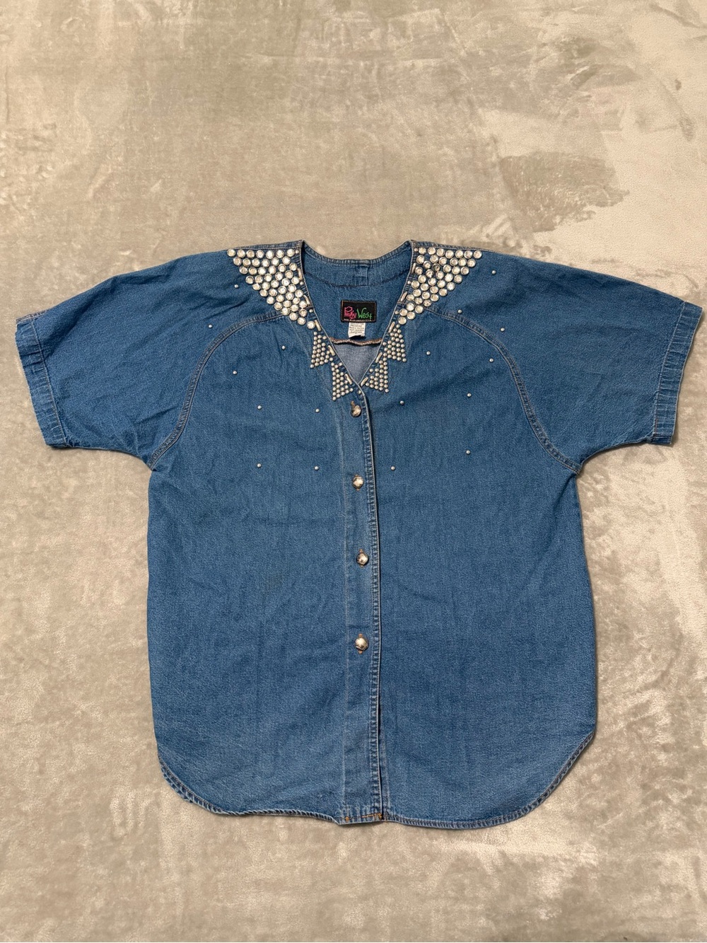Vintage Pinky West Studded Denim Short Sleeve Rhinestone Button-Up Blouse Sz XL